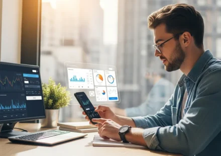 A young man tracking his portfolio using a wealthtech robo-advisor for Gen Z engagement on a modern mobile app.