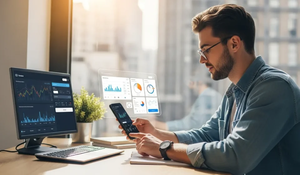 A young man tracking his portfolio using a wealthtech robo-advisor for Gen Z engagement on a modern mobile app.